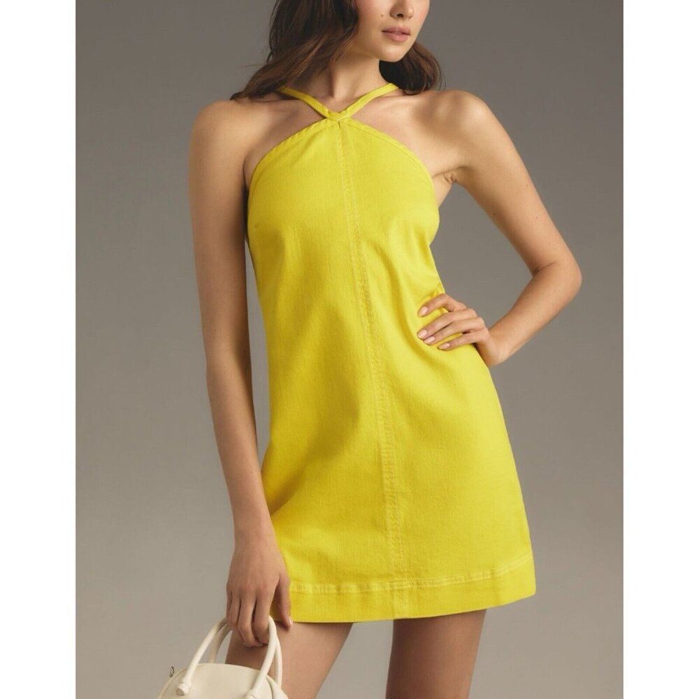 Anthropologie The Judie Halter Denim Swing Mini Dress Women’s XL Yellow NWT